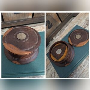 Carved Wooden Coaster Set with European Coin Centers, Vintage